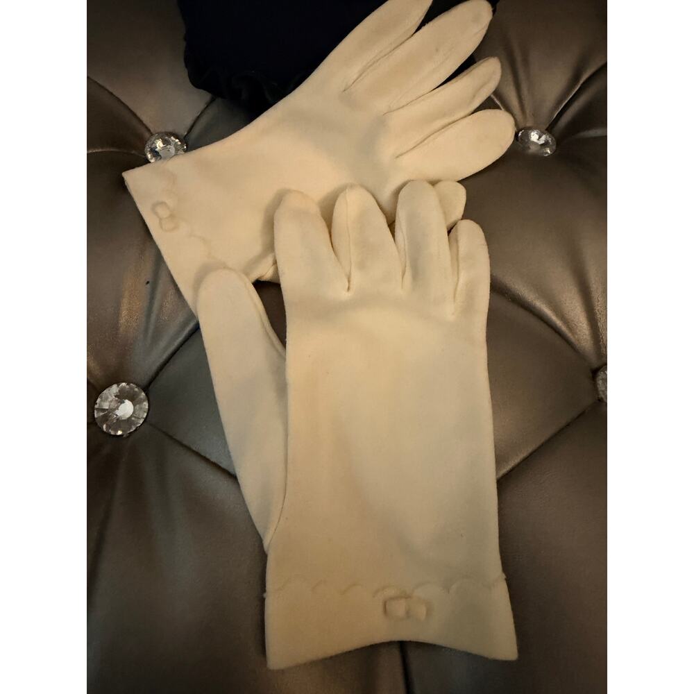 Vintage Cream Dress Gloves Women’s Scalloped Cuff Embroidered Bow Formal - Picture 8 of 14